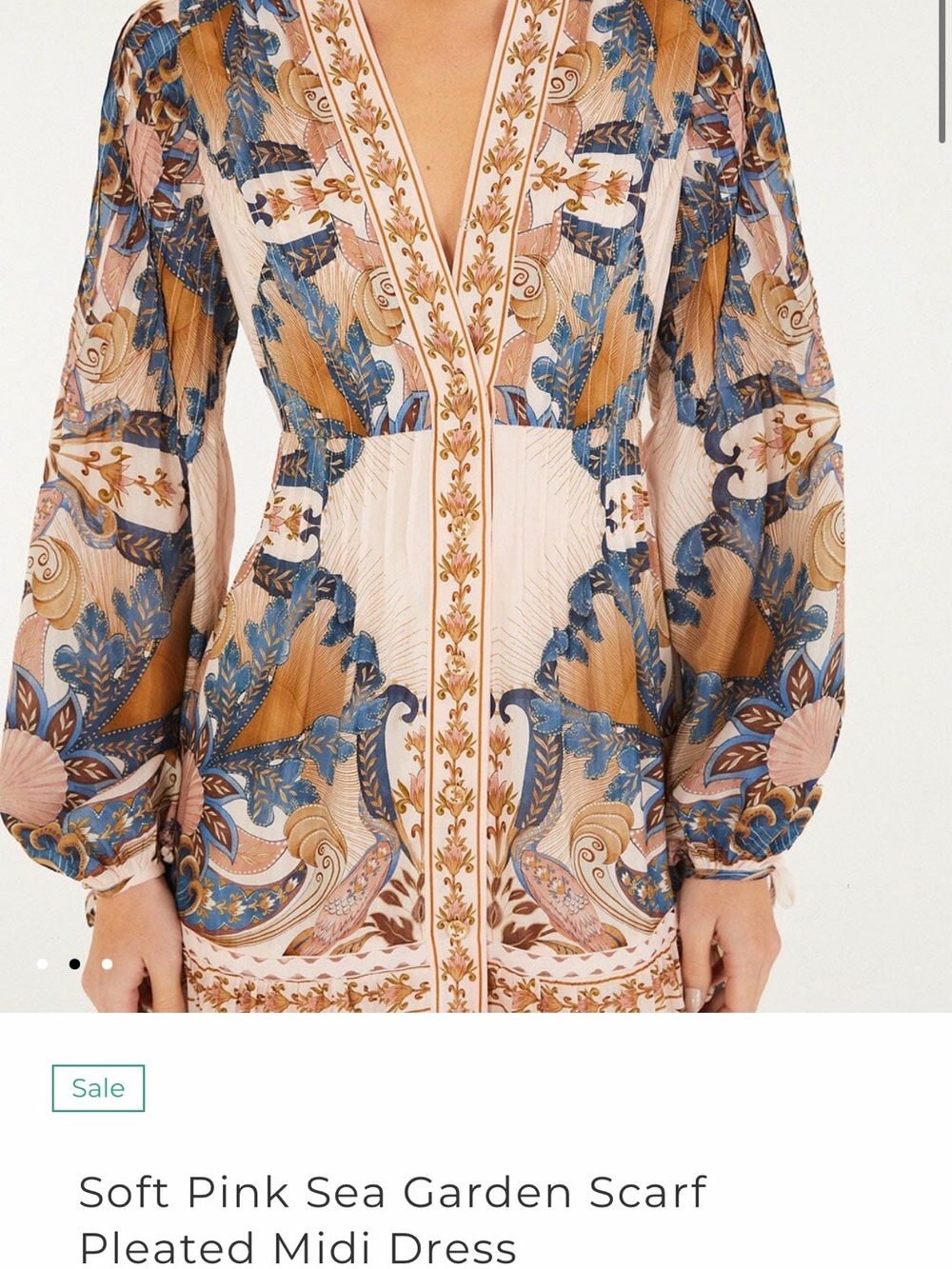 FARM Rio Pink Paisley Floral Long Sleeve Midi Dress with Blue and Tan Accents - Picture 3 of 4